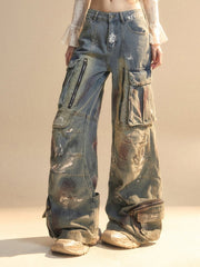 Spray Paint Print Cargo Pockets Zipper Details Blue Distressed Wide-Leg Jeans