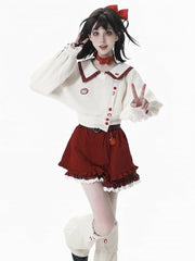 Regular/Thicken White Knit Crop Sweatshirt with Red Plaid Collar and Apple Embroidery