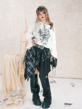 Plus Size Black Plaid Patchwork Handkerchief Hem Skirt with Star Embroidered Lace Layer