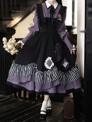 Bittersweet Lolita Apron Dress in Black Stripes and Purple Polka Dot
