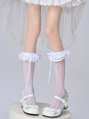 White/Creamy Yellow Bow Decorated Ruffled Lolita Calf Socks
