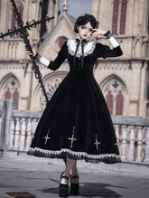 Black & White Juliette Sleeves Velvet Gothic Lolita Dress with Lace Trim and Cross Embroidery