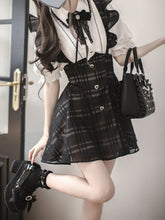 Jirai Kei High Waist Black Plaid Overall Dress Short Version with Flutter Sleeves