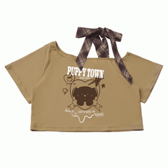 Yellow Asymmetrical Neckline Adorable Puppy Print Self-tie Plaid Bowknot T-shirt
