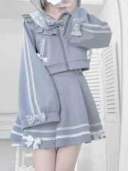 Tenshi Kawaii Jirai Kei Sports Set - Light Blue Cat Ear Hooded Jacket & Skirt with White Lace Trim