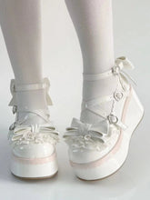 White Sweet Lolita Platform Shoes - Multi-layer Lace & Bow at Top, Crisscross Straps with Heart Buckle