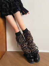 Y2K Leopard Pattern Plush Leg Warmers with Ruffle Trim and Bowknot Decorations