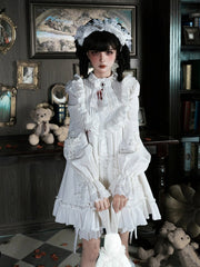 White Gothic Lolita Set - Short Version OP + Asymmetrical Corset Belt + Bloomers + Jabot Brooch