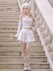 White Lace Raw Hem Fairy Goth Pleated Skirt
