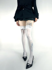 White/White & Pink Lace and Bowknot Over Knee Stockings