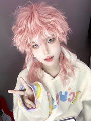 Pink Ouji Style 38CM Length Wavy Wig With Bangs