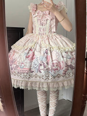 Pink Cat Print Flutter Sleeves Sweet Lolita JSK Dress with Lace Trim and Bow Accents