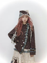 Mori Kei Green Plaid & Brown Colorblock Earflap Hat with Lace Trim and Button Accents