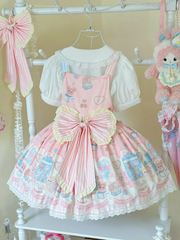 Teddy and Bunny Plush Toy Print Pink Sweet Lolita Overall Dress