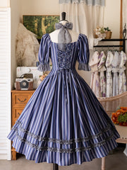 Dark Blue Striped Pattern Slim Fit Waist Retro Fashion Dress