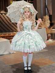 Tulip Print Green Off-Shoulder Elegant Lolita Dress with Drawsting Tulle Overlay