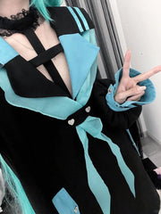 Black Futuristic Landmine Style Long Top with Contrast Green Sailor Collar & Cross Halter Neck