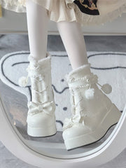 White Sweet Lolita Style Fleece-Lined Platform Snow Boots with Bow and Pom-Pom Accents