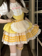 Yellow Gingham Sweet Lolita Overall Dress with Puppy Ear Design and Apron Detail