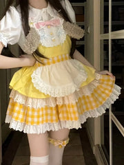 Yellow Gingham Sweet Lolita Overall Dress with Puppy Ear Design and Apron Detail