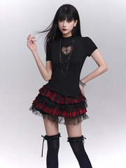 Red and Black Plaid Elastic Waist Lace Trim Mini Tiered Skirt Bloomers Lining