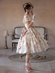 Pink&Beige Floral Print Lace Tiered Ruffle Elegant Classic Lolita Dresswith Bow Accents