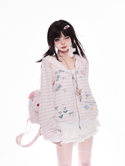 Pink Striped Pattern Y2K Print Zip Closure Hooded Jacket for Autumn