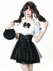 Jirai Kei Black Plaid Skirt High Waist with Layered Overlay & Dual Bow Accents