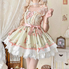 Rosette Print Summer Short Dress High Waist Lolita Jumper Skirt