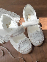 White Sweet Lolita Flat Shoes - Heart-Adorned Lace Trim Velcro Straps & Bow Details