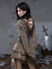 Wasteland Punk Vintage Brown-Green Knit Dress - Deep V-Neck with Collar Flower & Crossed Back Lace