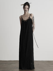 Urban Goth Black Lace Camisole Backless Dress with Sash Ties