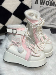 White Sweet Lolita Platform Ankle Boots - Bunny Theme with Plush Lining & Heart Buckle