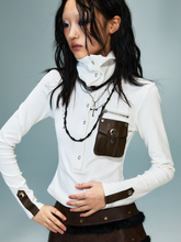White Punk High-Neck Knit Top with Brown PU Pocket