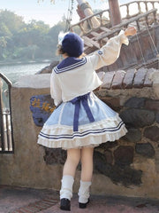 Blue & White Striped Sailor Lolita Dress + Coat + KC/Beret Set