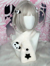 White & Black Cross Plush Scarf with Panda/Puppy Plushie