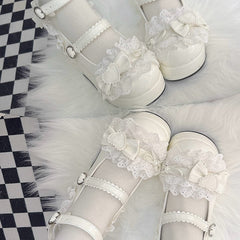 Sweet Lolita White Mary Janes with Bow Accents & Scalloped Hem Strap