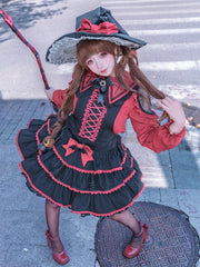 Wine Red Cross Embroidered Pointed Collar Blouse with Lace Shoulders