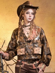 Millard Steampunk Brown PU Jacket with Asymmetrical Collar & 3D Orange Lace Pockets
