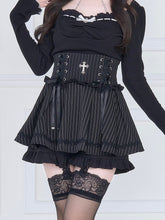 Jirai Kei Black Striped High Waist Skirt - Lace-Up Front, Shorts Lining & Cross Decor