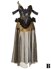 Clearance-Size M for Bust 82-86CM Black and Gold Gorgeous Tassels Boned Corset Top + Gold Chiffon Skirt