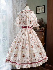 Strawberry Print Pink House Fashion Beige Short Sleeves Lolita Dress