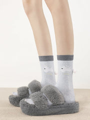 White/Light Blue/Dark Gray Cute Puppy Pattern Cotton Socks with Pom-Pom Accents