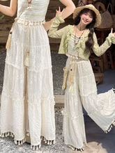 White Drawstring Waist Hollow-out Wide-Leg Pants with Tassel Cuffs Regular/Short Version