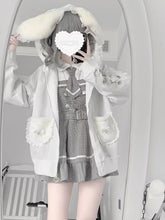 White Jirai Kei Plush Bunny Ear Jacket with Sleeve Lace-Up Detail & Decorative Crossed Pins Back