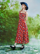 Red Polka-dot Pattern Slit Dress With Cat and Bird Print