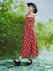 Red Polka-dot Pattern Slit Dress With Cat and Bird Print
