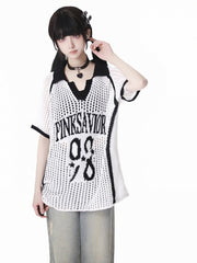 White/Gray V-Neck Blokette Core Hollow-out Summer Sweater