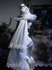White Goth Halloween Bone and Flowers Cake Hat with Detachable Veil
