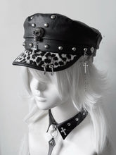 Y2K Gyaru Fashion Leopard PU Cross Charm Punk Studded Hat